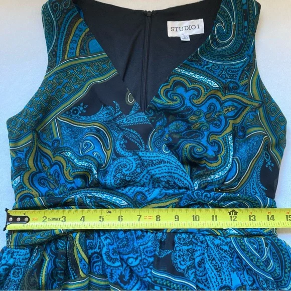 Studio I Paisley Midi Dress Blue  Green Sleeveless Empire Waist Pleated Sz 8 - Picture 7 of 16
